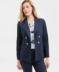 Anne Klein Womens Faux Double Breasted Notch Collar Jacket Printed V Neck Split Cuff Blouse High Rise Pull On Compression Pants