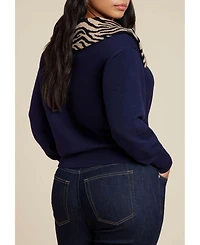 Eloquii Women's Sweater With Animal Print Collar