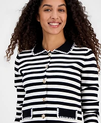 T Tahari Women's Striped Collared Button Cardigan Sweater