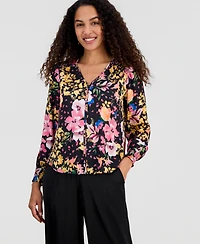 T Tahari Women's Printed V-Neck Pleated-Back Top