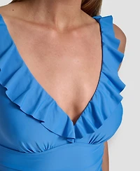 Dkny Ruffle Plunge Underwire Tummy Control One-Piece Swimsuit, Created for Macy's