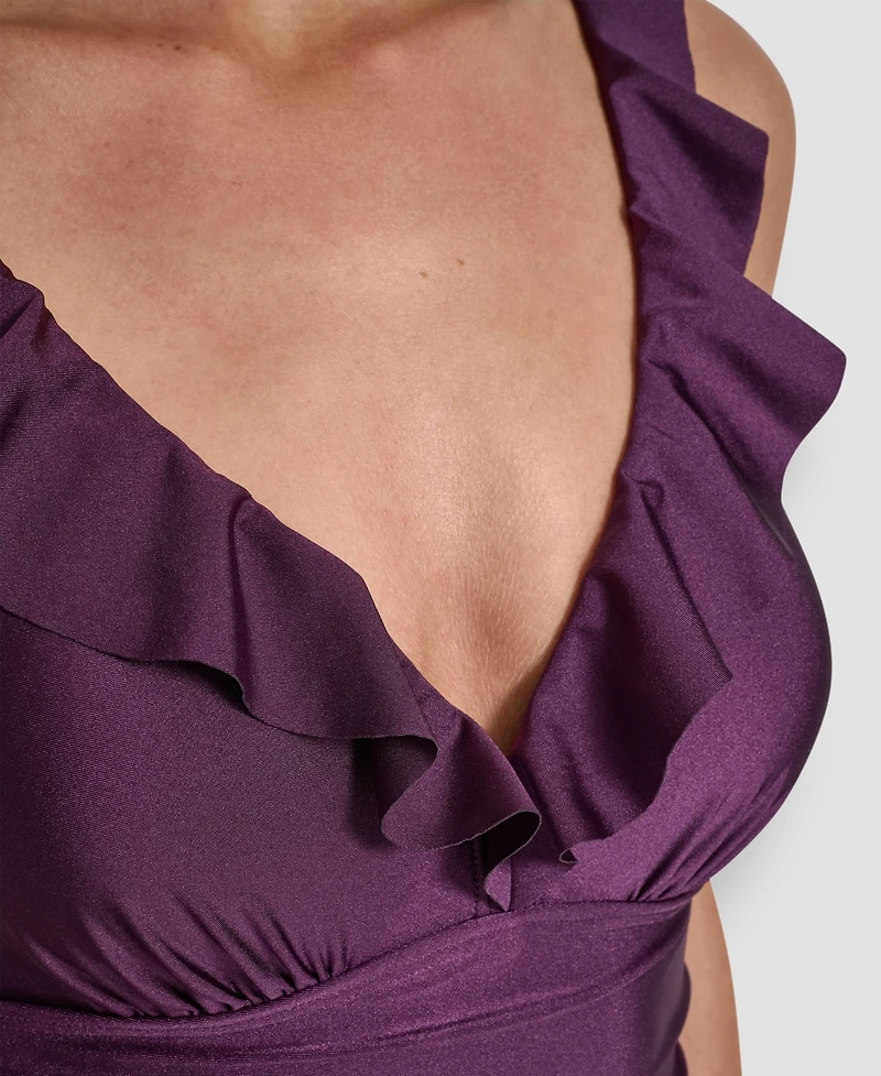 Dkny Ruffle Plunge Underwire Tummy Control One-Piece Swimsuit, Created for Macy's