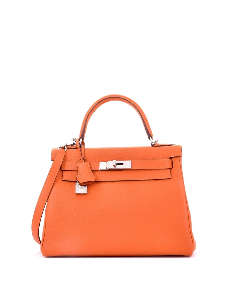 Pre-Owned HERMES Kelly 28 Handbag Orange Clemence with Palladium Hardware
