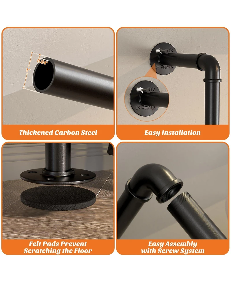 Aheaplus 3.5-13.5 Ft Reversible Wall Mounted Industrial Metal Pipe Clothing Rack for Hanging Clothes