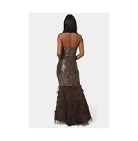 Bebe Women's Sequin Feather Gown