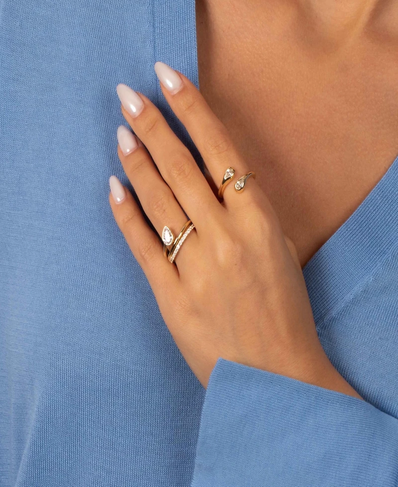 by Adina Eden Solid, Pave Cubic Zirconia Gold Plated Pear Bezel Wrap Ring