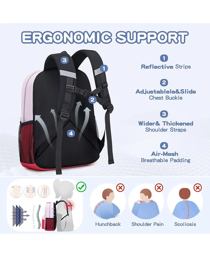 Batfox Kids Backpack, 16'' Lightweight School Backpack for Boys Girls,Casual Bookbag for Primary Elementary Middle School,Age 5-14,Pink,Large S