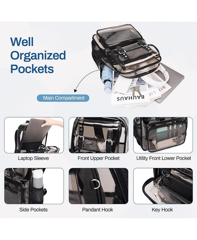 Batfox Clear Backpack Heavy Duty, Pvc Clear Bookbag Transparent Backpack See Through Bag for Stadium College for Adult Men Women, Semi-Black