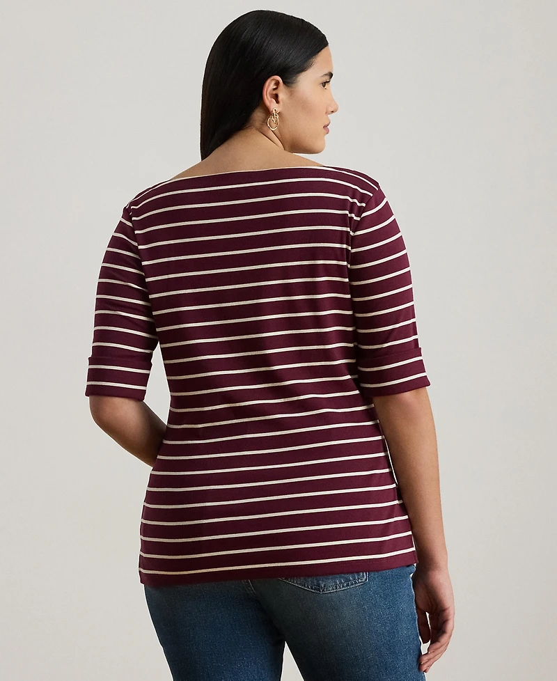 Lauren Ralph Plus Striped Stretch Boat Neck T-Shirt