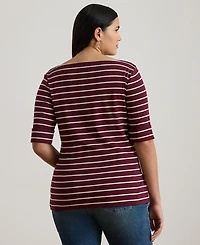 Lauren Ralph Plus Striped Stretch Boat Neck T-Shirt