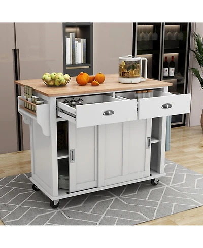 Casainc Kitchen Cart with Drop Leaf, Sliding Barn Door, Adjustable Height, Rolling Island Cabinet with Rubber Wood & 2 Drawers"