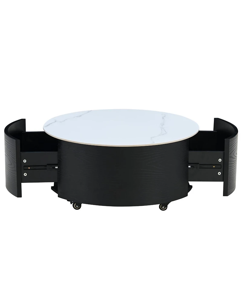 Streamdale Furniture Streamdale Modern Round Coffee Table with Casters & 2 Drawers Marble Top
