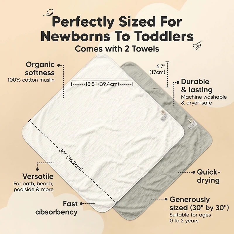 KeaBabies 2pk Lyra Muslin Baby Towels with Hoods for Girl, Boy, Soft, Absorbent, Cotton Hooded Baby Bath Towels