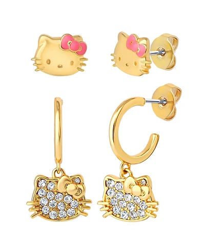 Hello Kitty Earring Set, 2-Pair, Gold-Tone Studs & Pave Dangle Hoops
