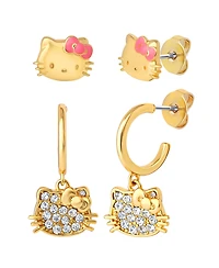 Hello Kitty Earring Set, 2-Pair, Gold-Tone Studs & Pave Dangle Hoops