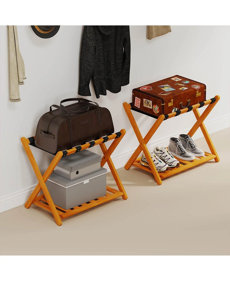 Costway Folding Luggage Racks with Storage Shelf & 5 Nylon Straps Luggage Holder