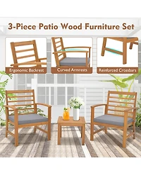 Gymax 3PCS Furniture Set Acacia Wood Conversation Set w/ Soft Seat Cushions Outdoor