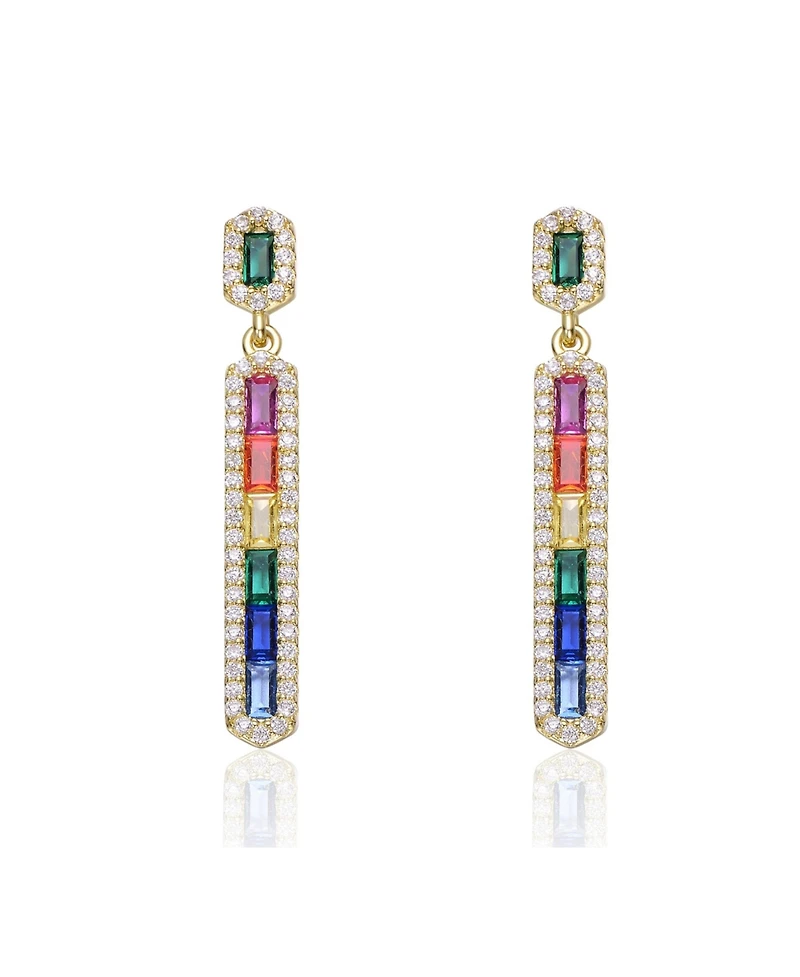 Sterling Silver 14K Gold Plated Multi-Colored Cubic Zirconia Linear Dangle Earrings