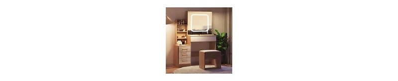 gaomon Vanity Desk with Sliding Mirror and Lights, Makeup Vanity Set with Power Outlet, 4 Drawers, Stool, Open Shelves, 3 Color Lighting Modes