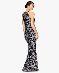 Betsy & Adam Petite All-Over Sequin Flower Halter Neck Long Dress