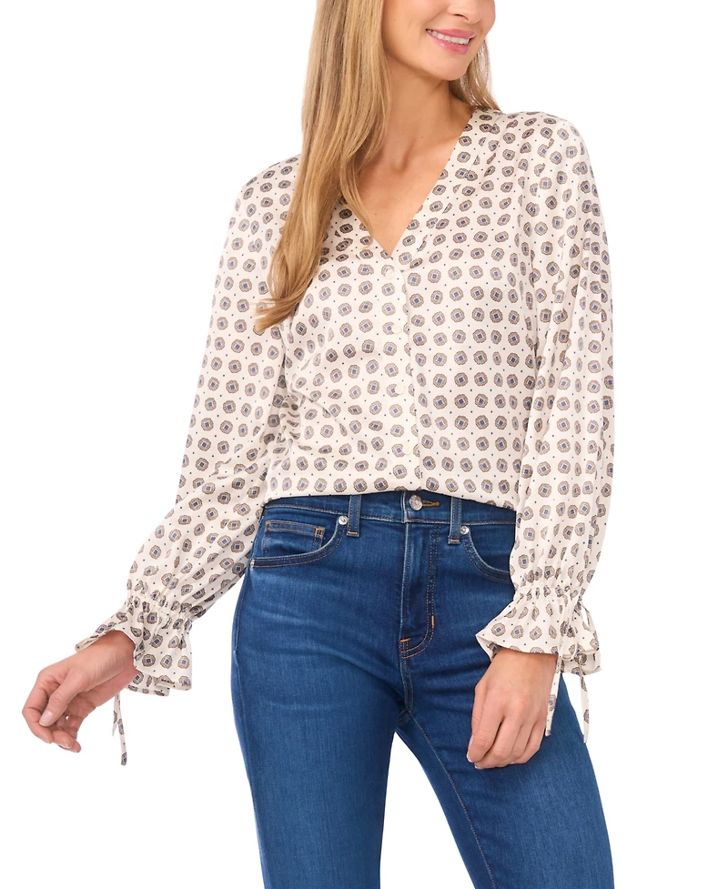 CeCe Women's V-Neck Button-Down Lace Flounce Top