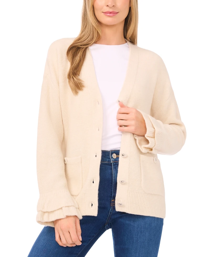 CeCe Women's V-Neck Ruffle Cuff Cardigan Sweater