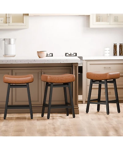 Dyhome 24 Inches Bar Stools Set of 3, Saddle Kitchen Stools with Pu Leather Cushion Counter Height Barstools for Kitchen Dining Cafe