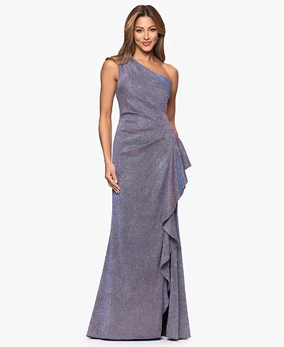 Xscape Women's One-Shoulder Glitter Long Dress