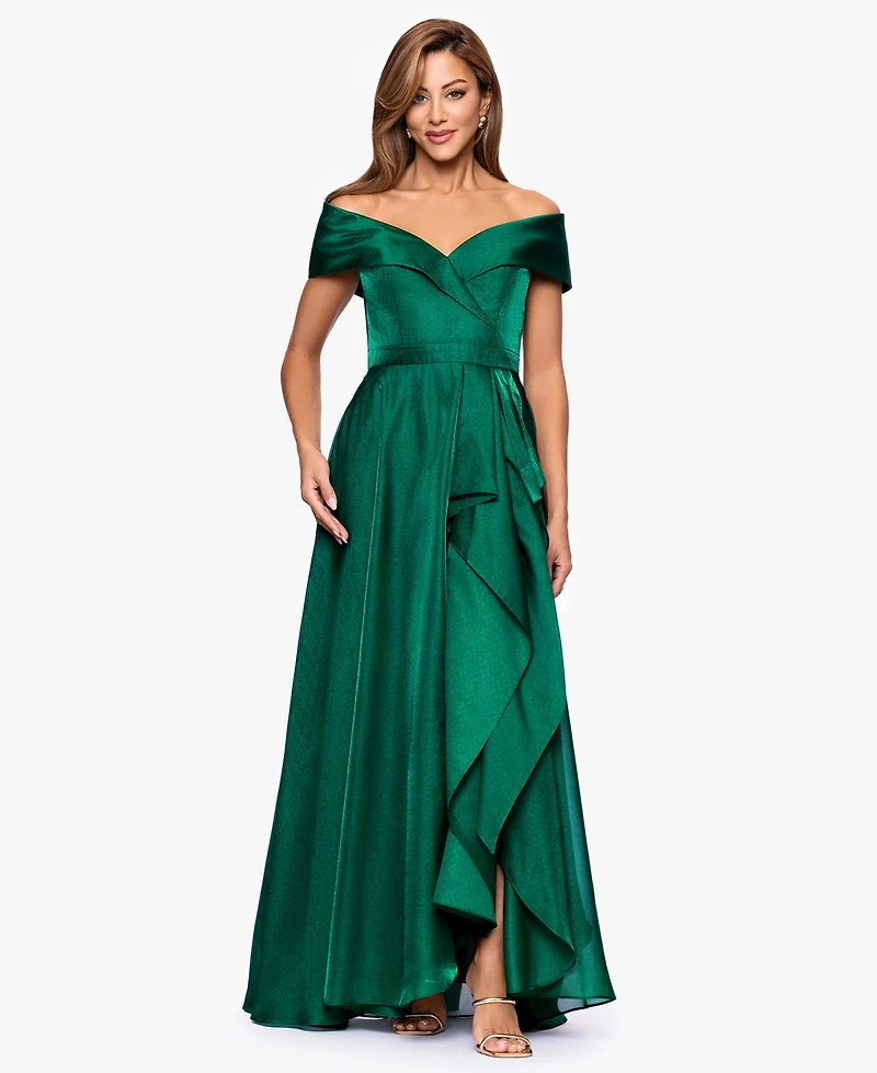 Xscape Women's Sweetheart Neck Off-The-Shoulder Ruffle Long Dress