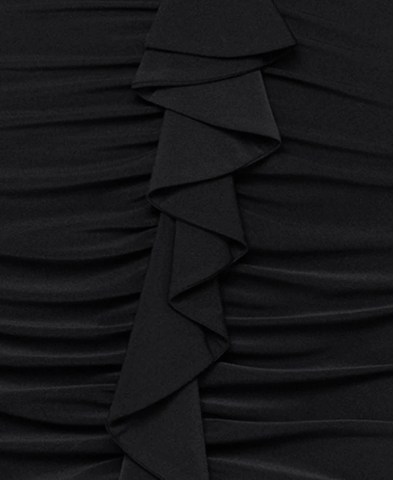 Xscape Women's V-Neck Ruched Asymmetrical Hemline Long Dress