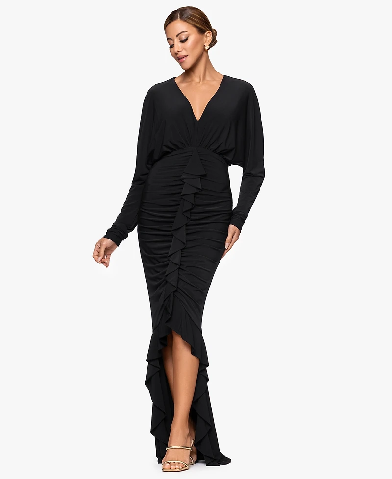 Xscape Women's V-Neck Ruched Asymmetrical Hemline Long Dress