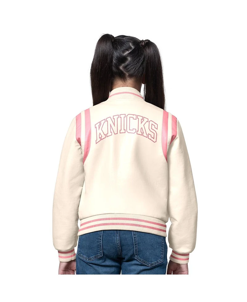 Starter Girls Cream/Pink New York Knicks Underdog Leather Varsity Jacket