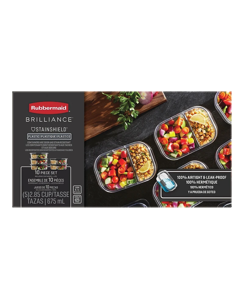 Rubbermaid Brilliance 2.85-Cup Meal Prep 2-Compartment Food Storage Containers, 5-Pack