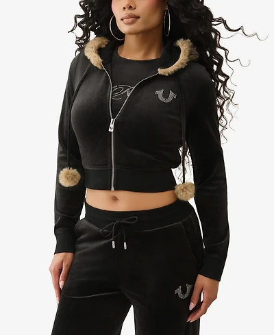 True Religion Women's Crystal Velour Shrunken Hoodie