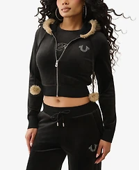 True Religion Women's Crystal Velour Shrunken Hoodie