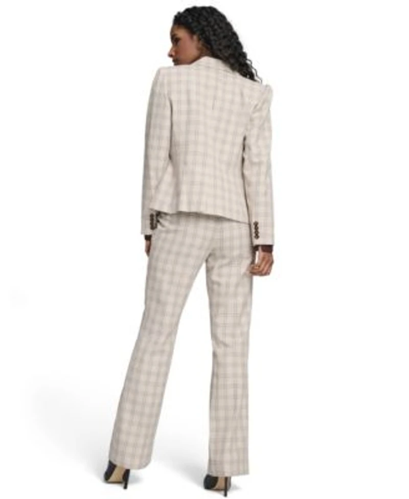 Tommy Hilfiger Womens Plaid Puff Sleeve One Button Blazer Jacket Plaid Bootcut Trousers Clip Dot Pleated Bib Top