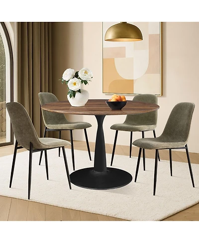 Maison Boucle 5-Piece Round Dining Table Set with Metal Base and Walnut Top, Modern Kitchen Chairs for 4, Space-Saving Small
