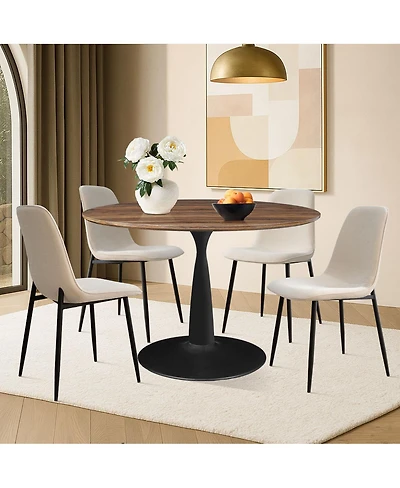 Maison Boucle 5-Piece Round Dining Table Set with Metal Base and Walnut Top, Modern Kitchen Chairs for 4, Space-Saving Small