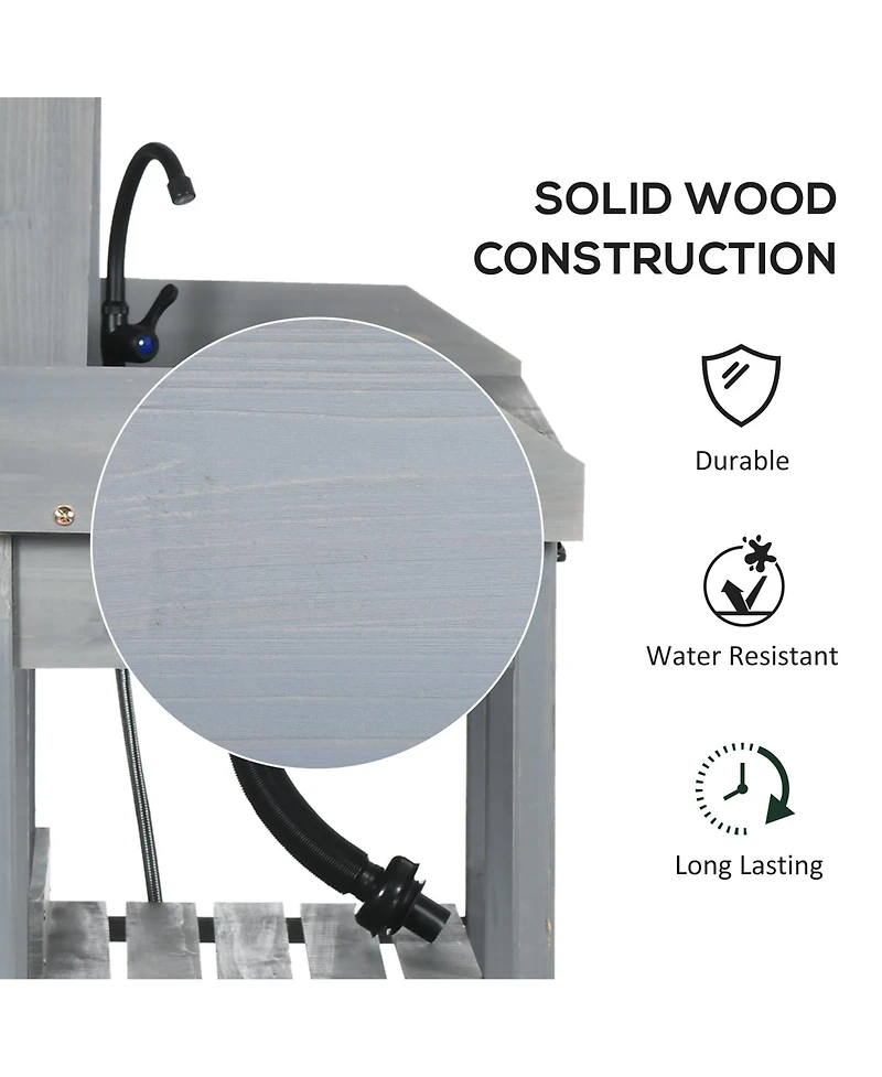 Outsunny Potting Bench Table, Includes Removable Outdoor Sink Station with Hose Hook Up, Wooden Work Station with Faucet, Drawer, Shelves, Hooks, Gray