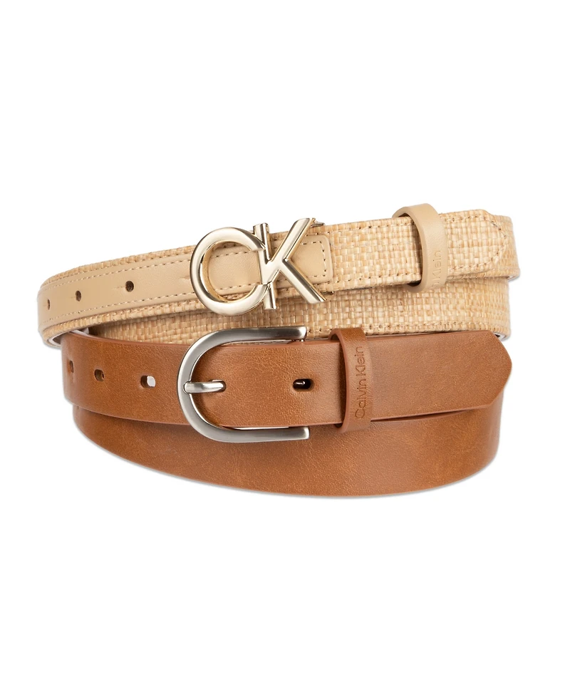 Calvin Klein Women's Two Pack Belt Set - Skinny Monogram Buckle and Harness