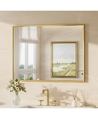 Keonjinn 40x30 Inch Brushed Gold Bathroom Vanity Mirror Metal Framed Over Sink Wall Mirror Horizontal/Vertical