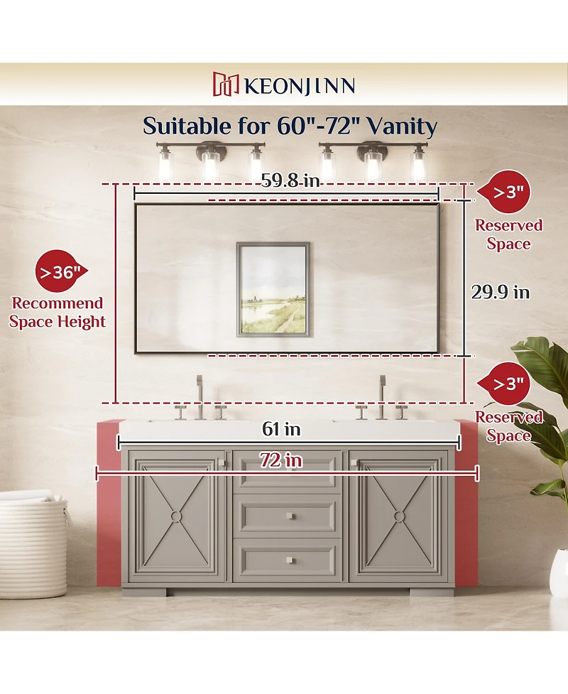 Keonjinn 60x30 Inch Brushed Gold Bathroom Vanity Mirror Metal Framed Over Sink Wall Mirror Horizontal/Vertical