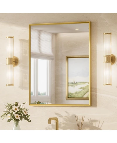 Keonjinn 24x30 Inch Brushed Gold Bathroom Vanity Mirror Metal Framed Over Sink Wall Mirror Horizontal/Vertical