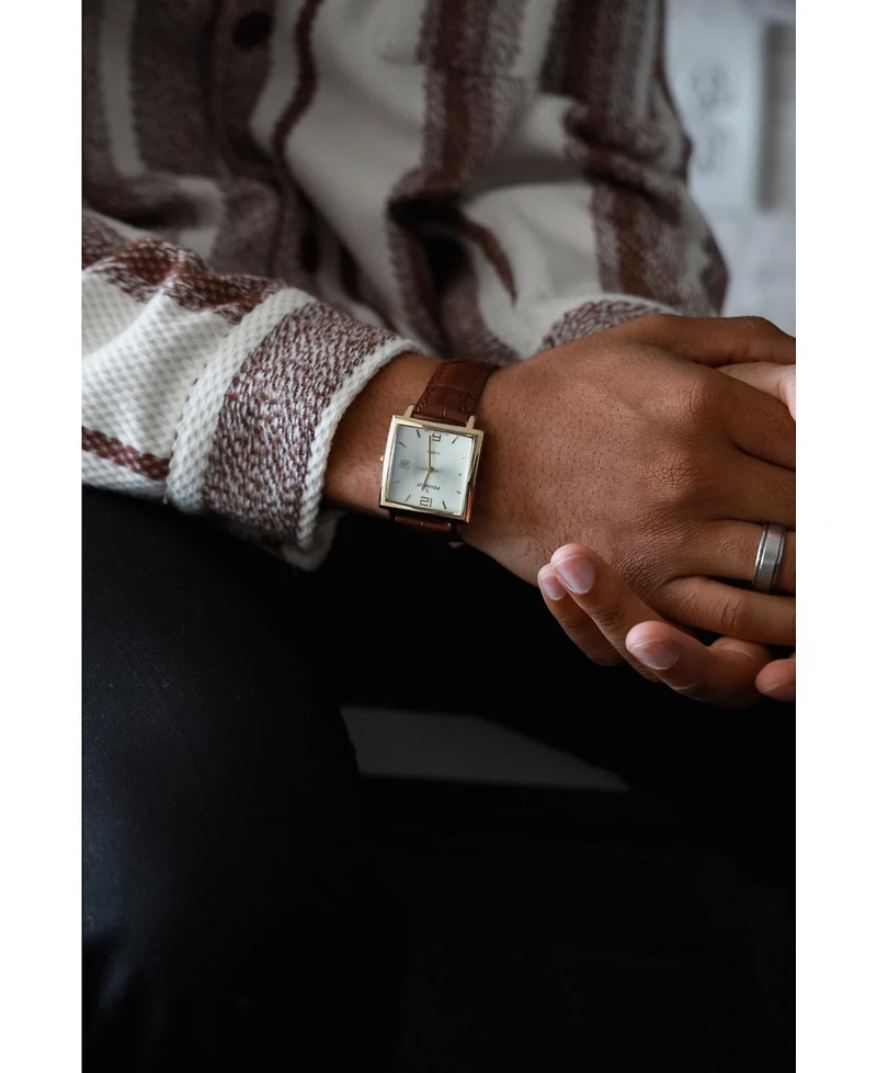 Peugeot Men's 35mm 14K Gold Plated Square Watch with Brown leather Strap