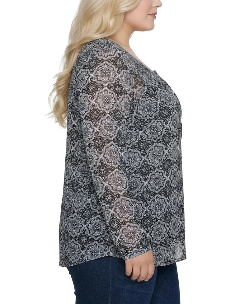 Ny Collection Plus Size Long Raglan Sleeve Mesh Top