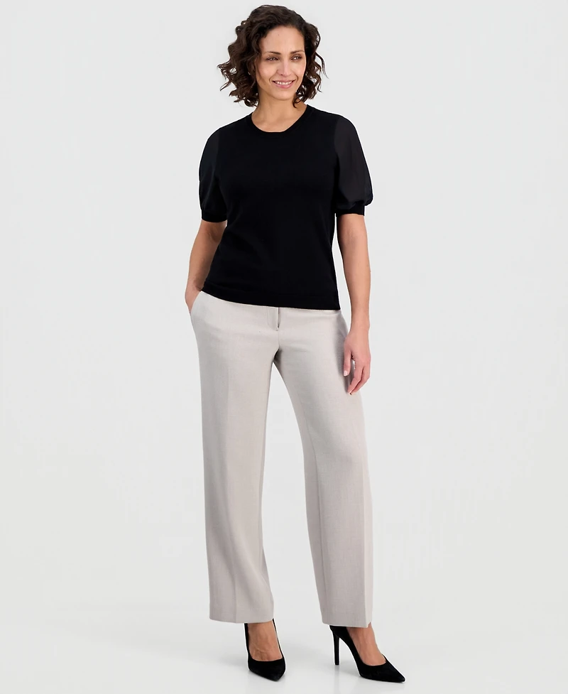 Kasper Petite Puffed-Sleeve Mixed-Media Top