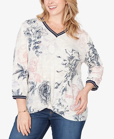 Ruby Rd. Plus Botanical Stamp Knit Twist Front Top