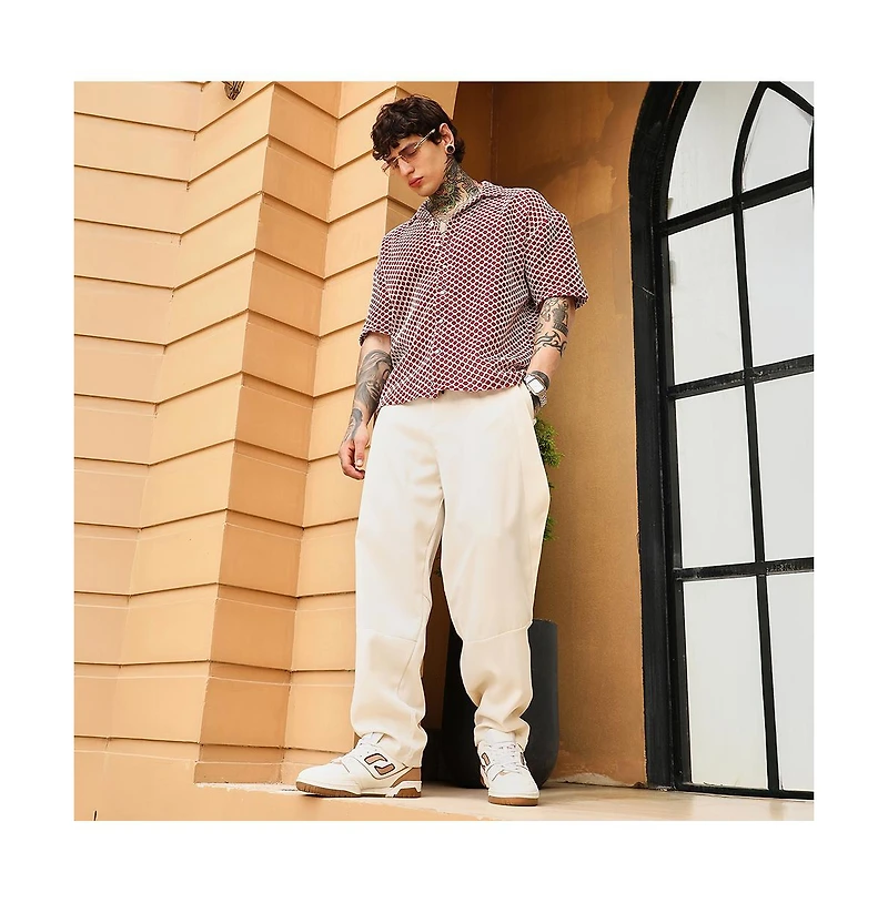 Campus Sutra Men's Crimson Red Geometric-Crochet Cuban Oversized Shirt