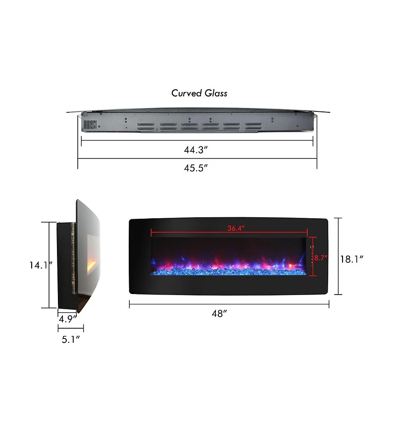 Flynama 48 inch Curved Front Wall Mounted Electric Fireplace with remote and multi color flame & emberbed
