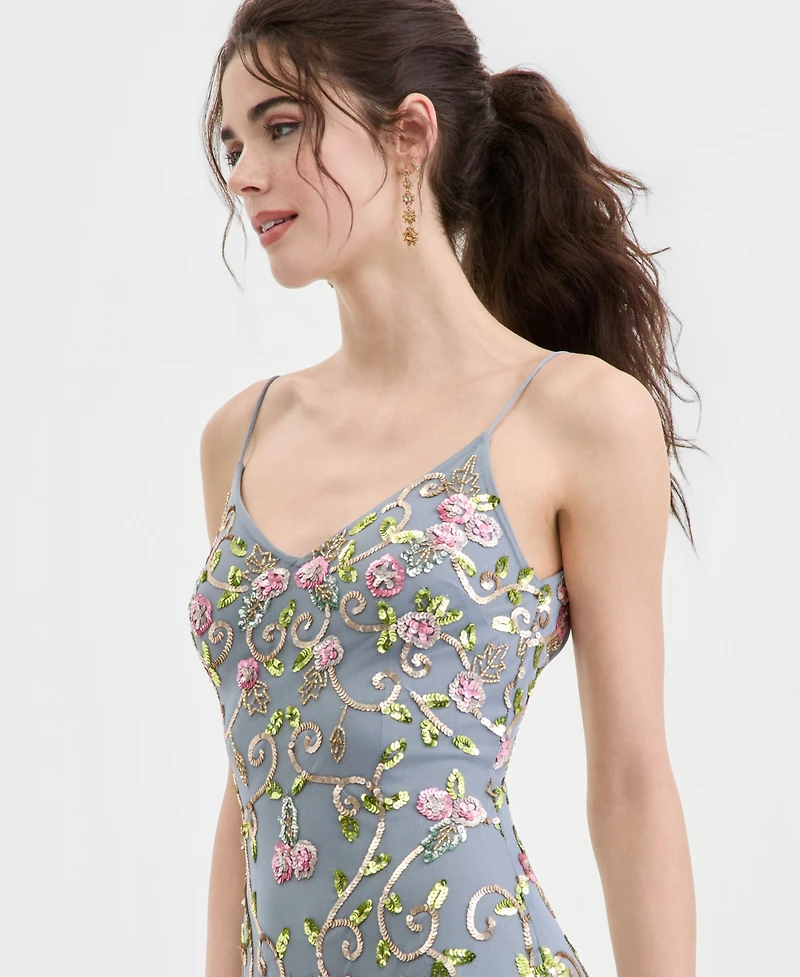 Jump Juniors' Floral Sequin Sleeveless Mesh Gown